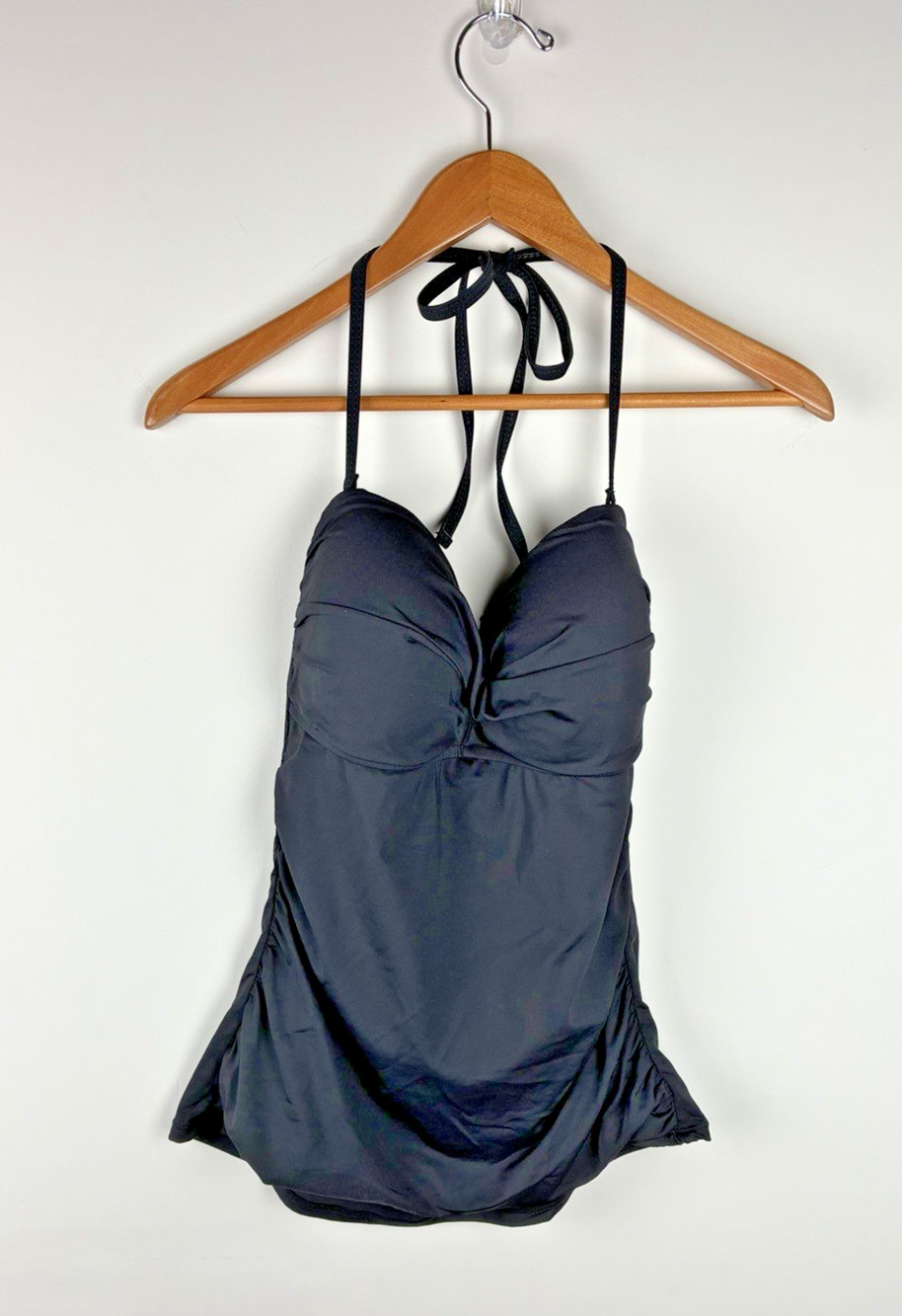 Anne Cole Black Halter Tankini Swim Top Women’s Large Ruched Padded Shelf Bra